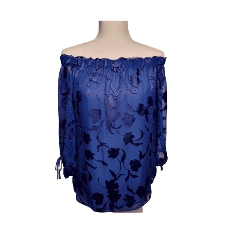 White House Black Market off the shoulder blue burnout blouse Large